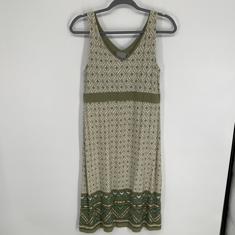 Athleta Olive and Cream Sleeveless V-Neck Midi Dress with Geometric Print Size L